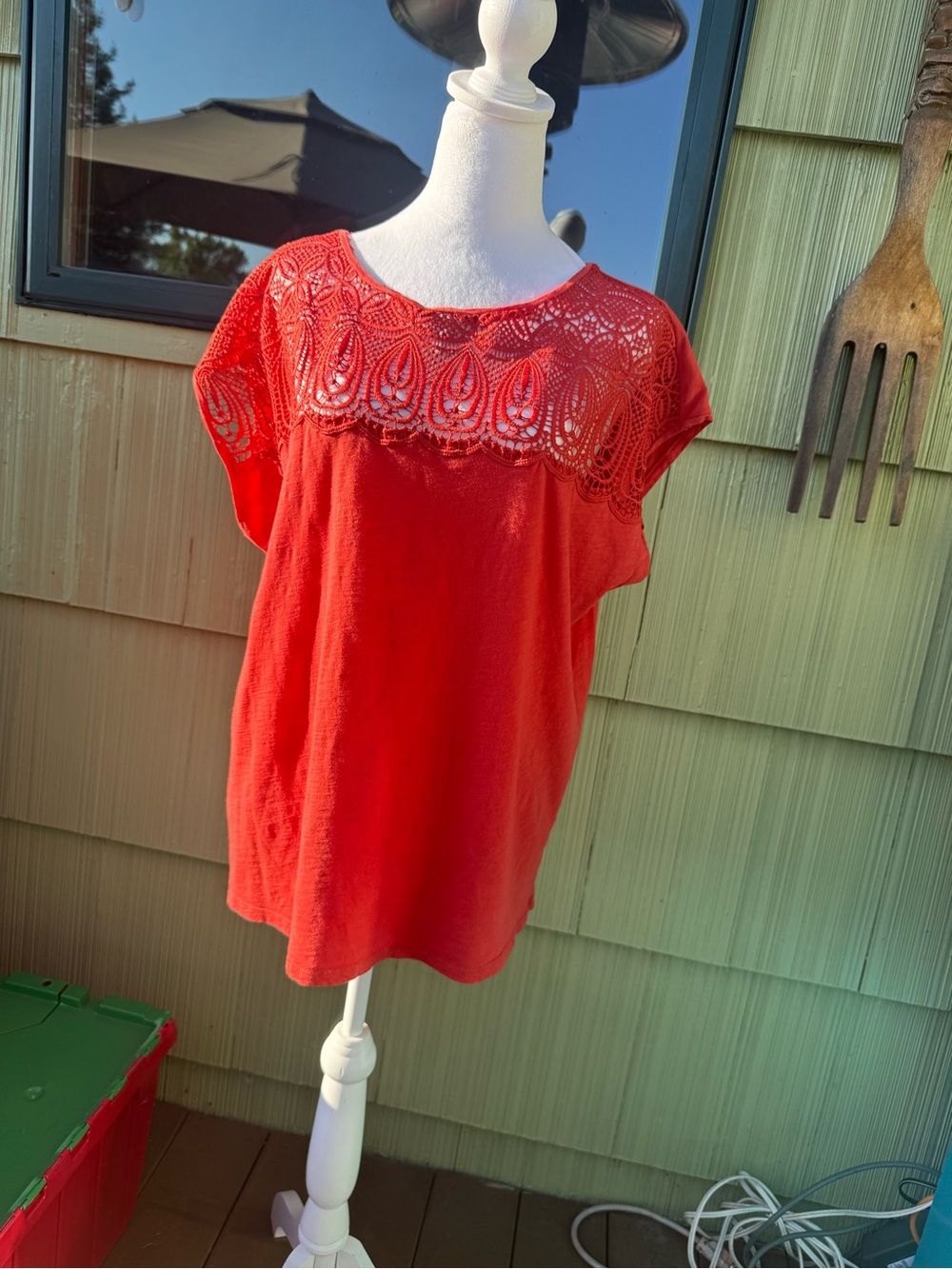 LOFT Orange Crochet Yoke Short Sleeve Blouse
